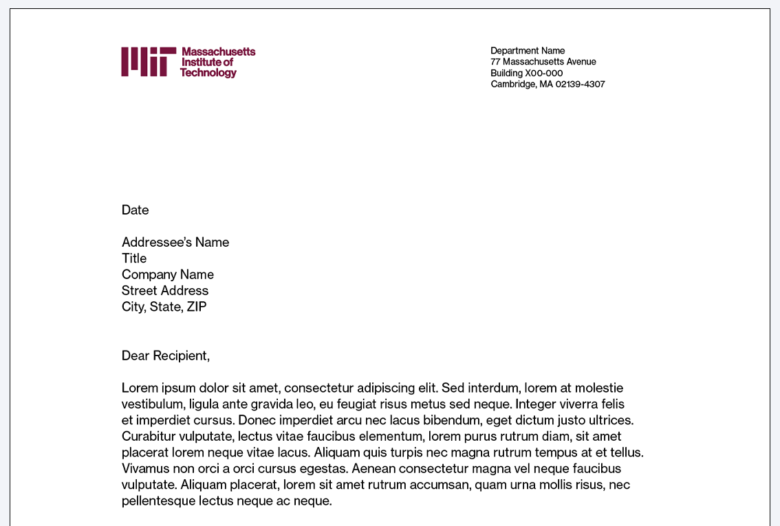 Parent brand letterhead with the MIT logo and full Institute name for department use.