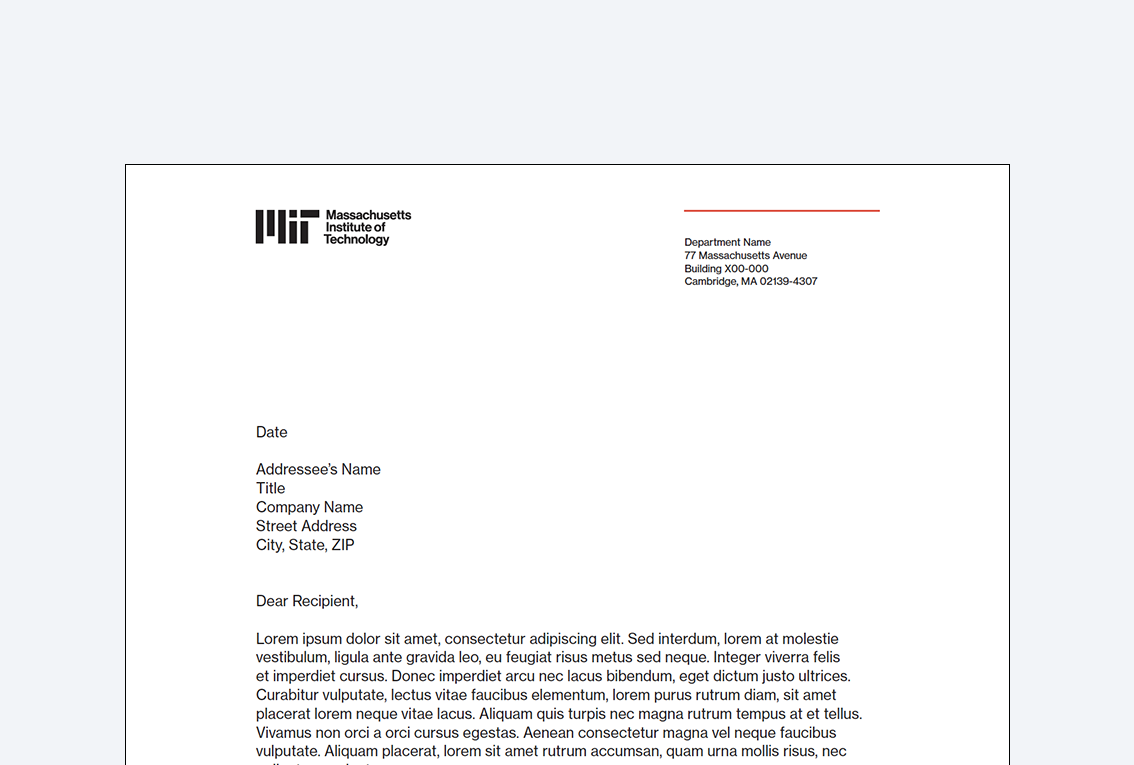 Parent brand letterhead with a black MIT logo and red rule for department use.